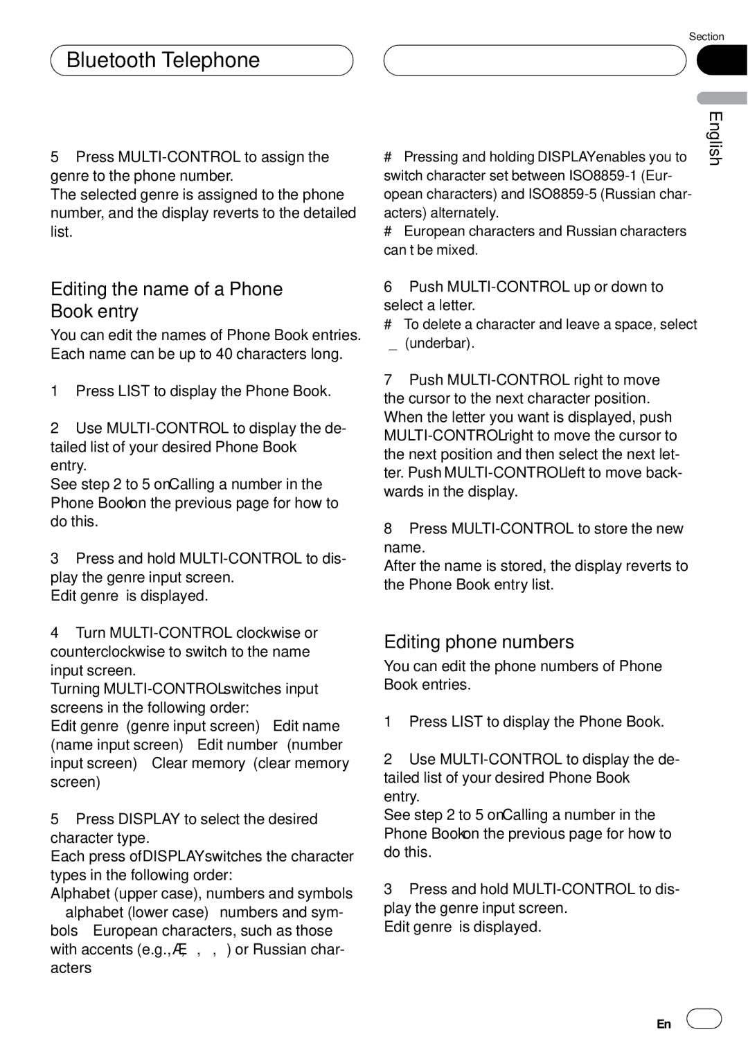 Pioneer DEH-P75BT operation manual Editing the name of a Phone Book entry, Editing phone numbers 