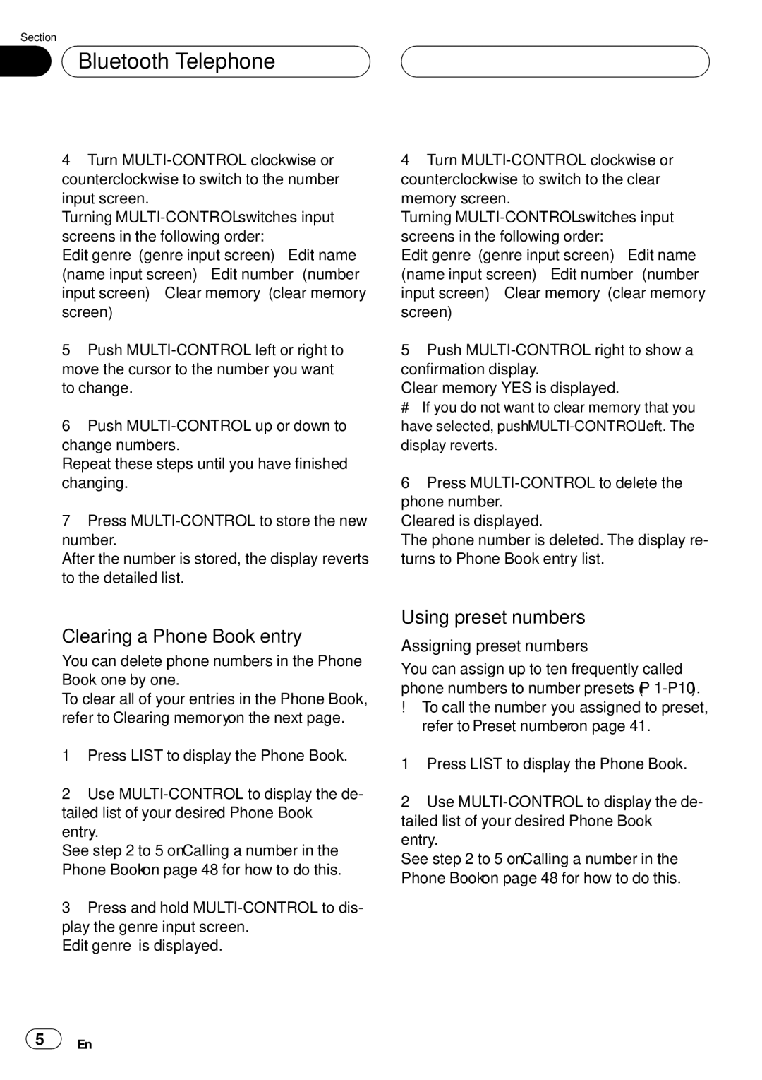 Pioneer DEH-P75BT operation manual Clearing a Phone Book entry, Using preset numbers, Assigning preset numbers 