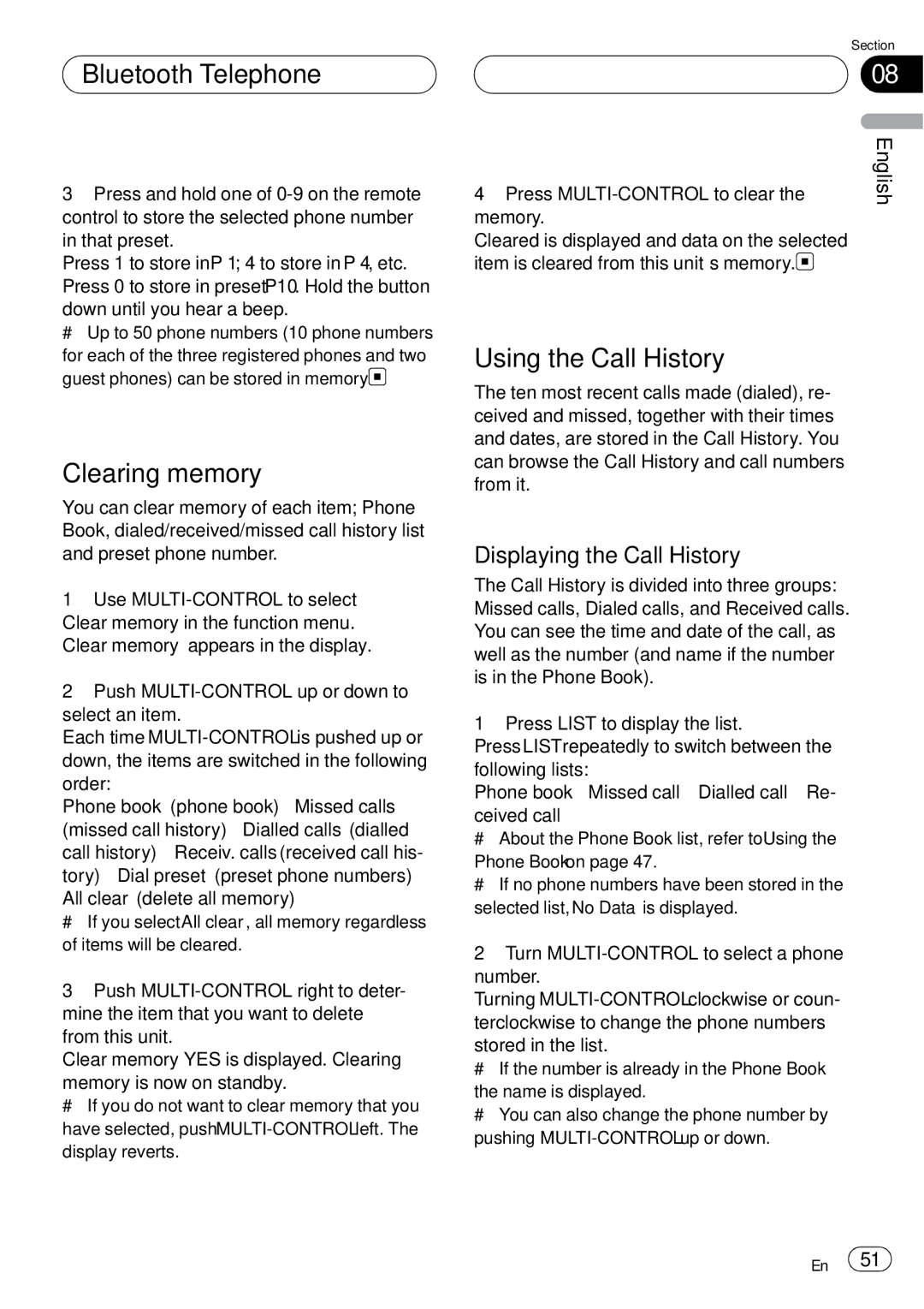 Pioneer DEH-P75BT operation manual Clearing memory, Using the Call History, Displaying the Call History 