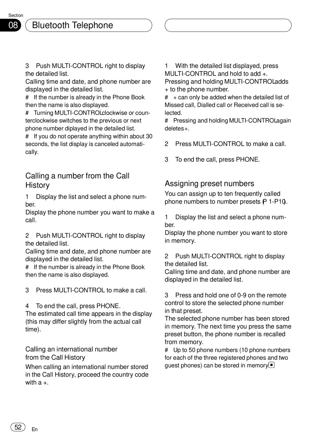 Pioneer DEH-P75BT operation manual Calling a number from the Call History, Assigning preset numbers 