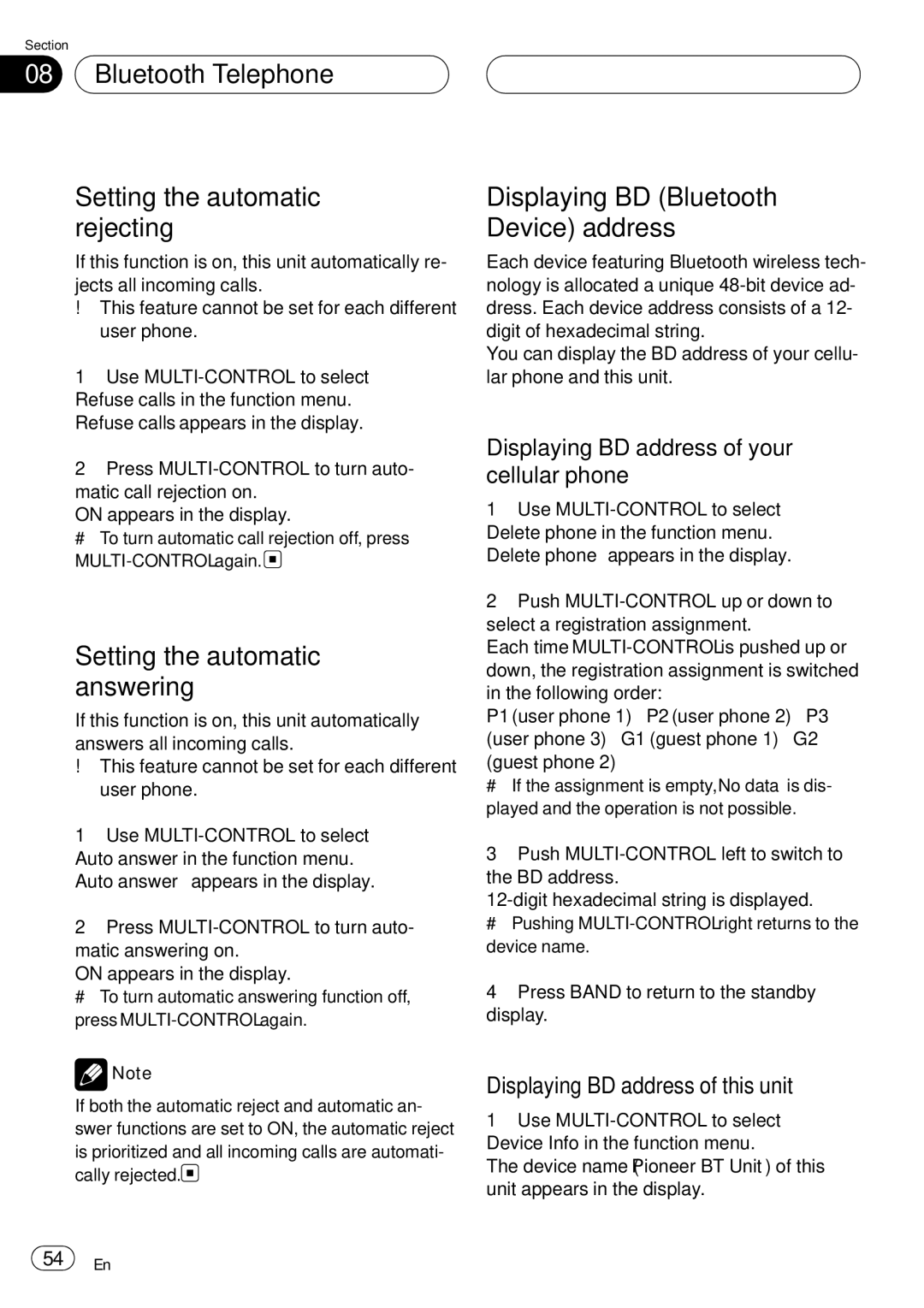 Pioneer DEH-P75BT operation manual Bluetooth Telephone Setting the automatic rejecting, Setting the automatic answering 