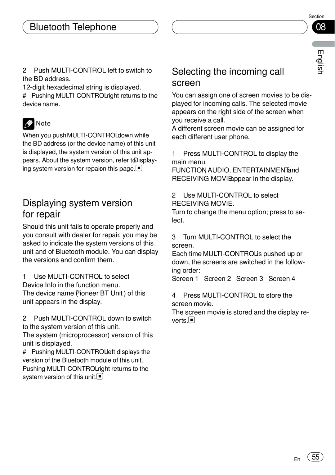 Pioneer DEH-P75BT Displaying system version for repair, Selecting the incoming call, Screen, Receiving Movie 