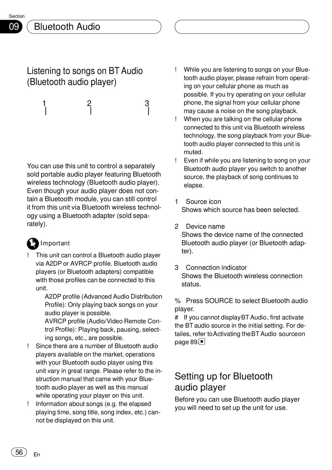 Pioneer DEH-P75BT operation manual Setting up for Bluetooth audio player 