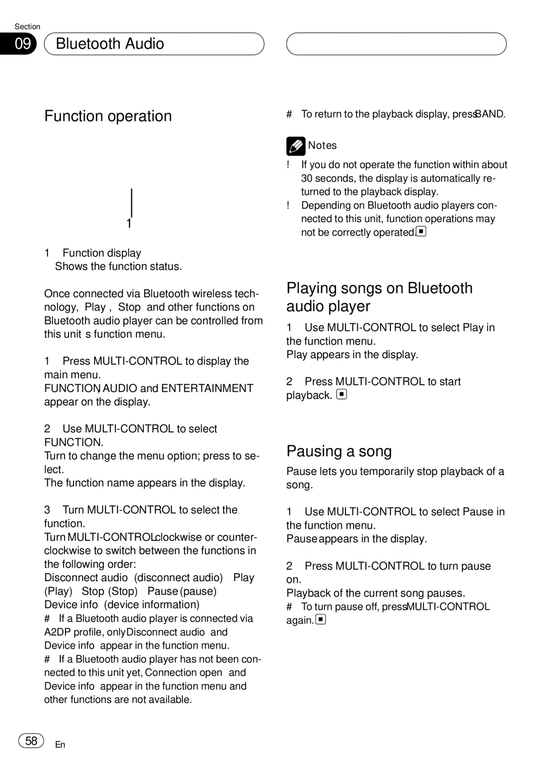 Pioneer DEH-P75BT Bluetooth Audio Function operation, Playing songs on Bluetooth audio player, Pausing a song 