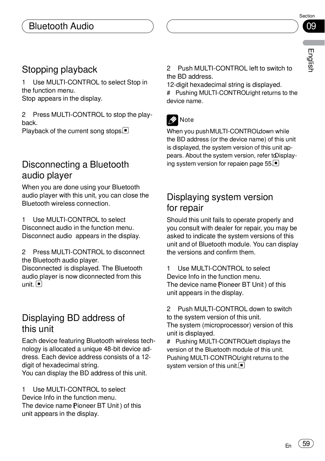 Pioneer DEH-P75BT operation manual Bluetooth Audio Stopping playback, Disconnecting a Bluetooth audio player 