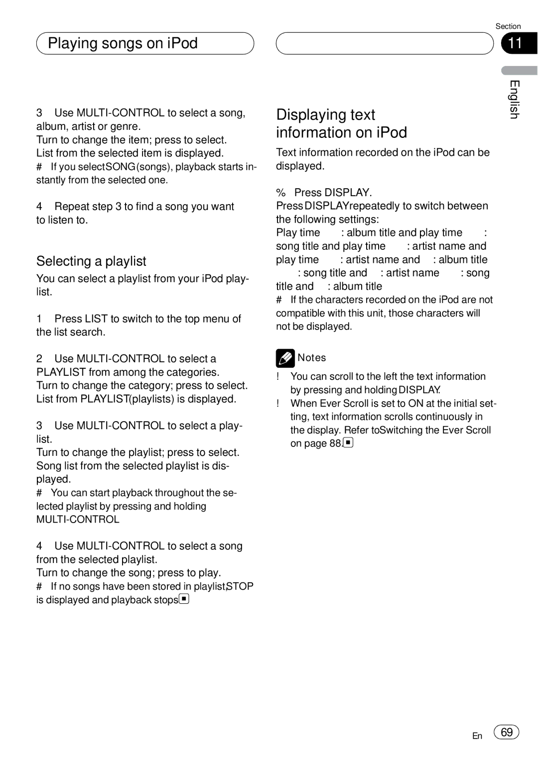 Pioneer DEH-P75BT operation manual Playing songs on iPod, Displaying text, Information on iPod, Selecting a playlist 