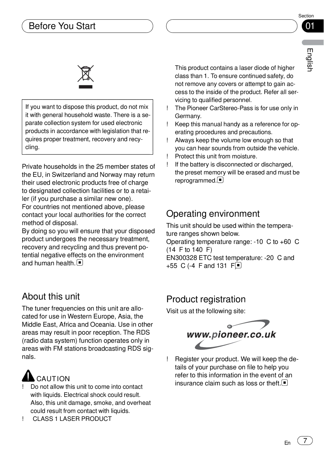 Pioneer DEH-P75BT Before You Start, Operating environment, About this unit, Product registration, Class 1 Laser Product 