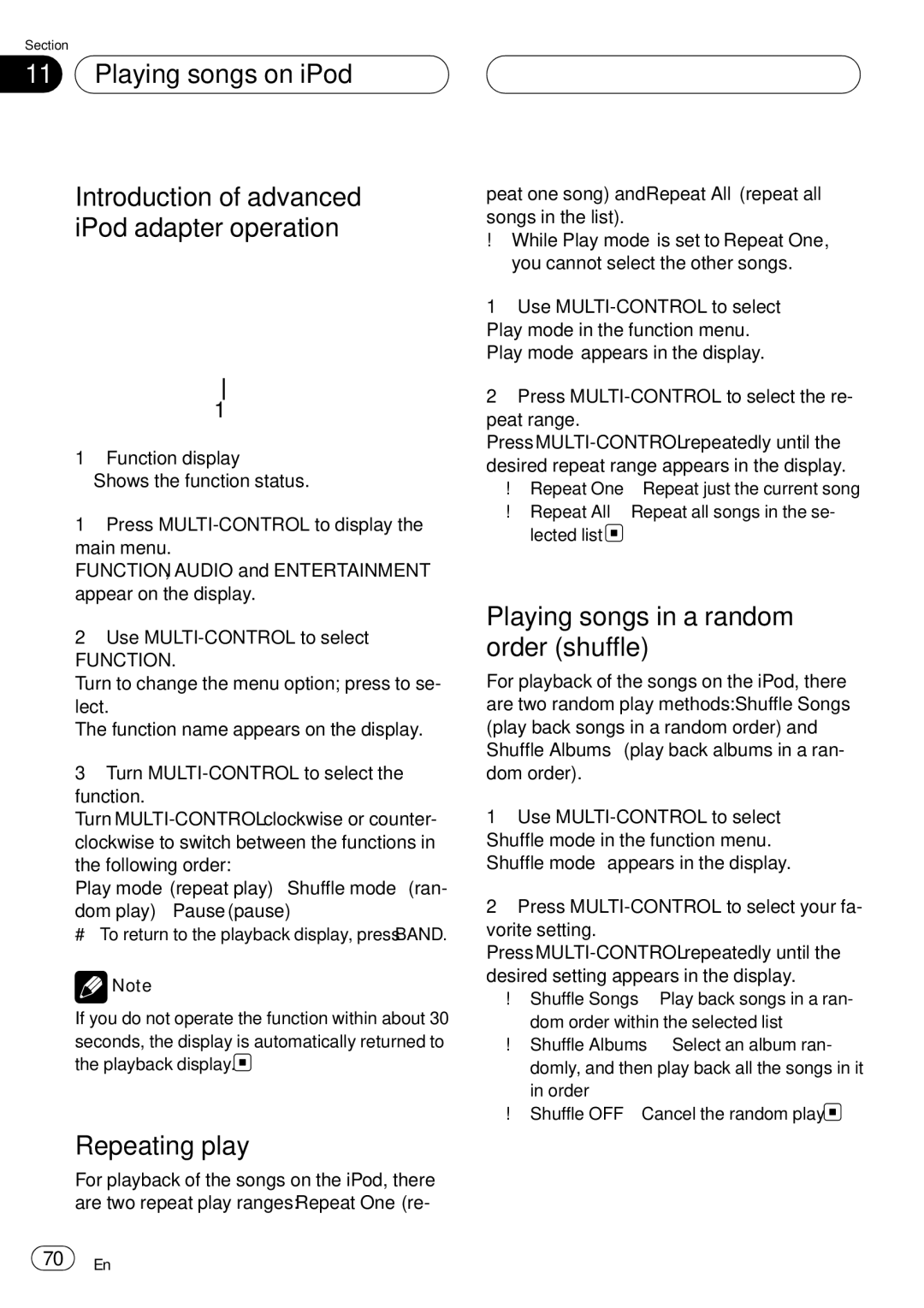 Pioneer DEH-P75BT operation manual Playing songs in a random order shuffle, Function 