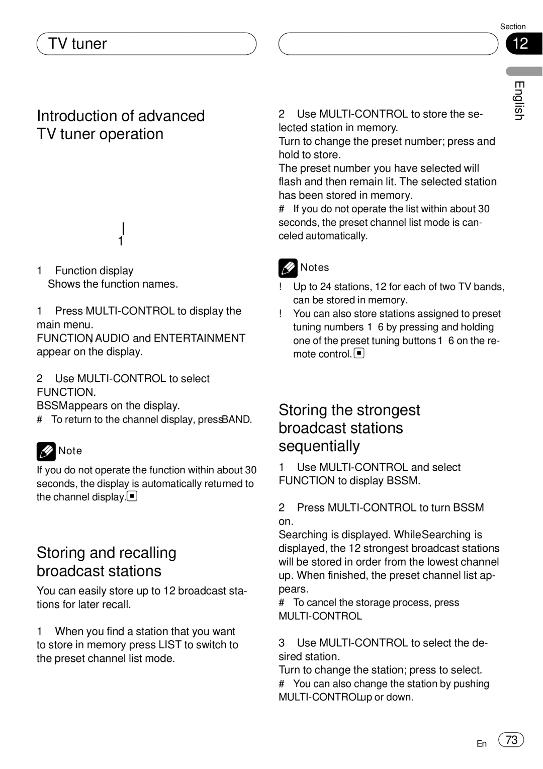 Pioneer DEH-P75BT TV tuner Introduction of advanced TV tuner operation, Storing and recalling broadcast stations 