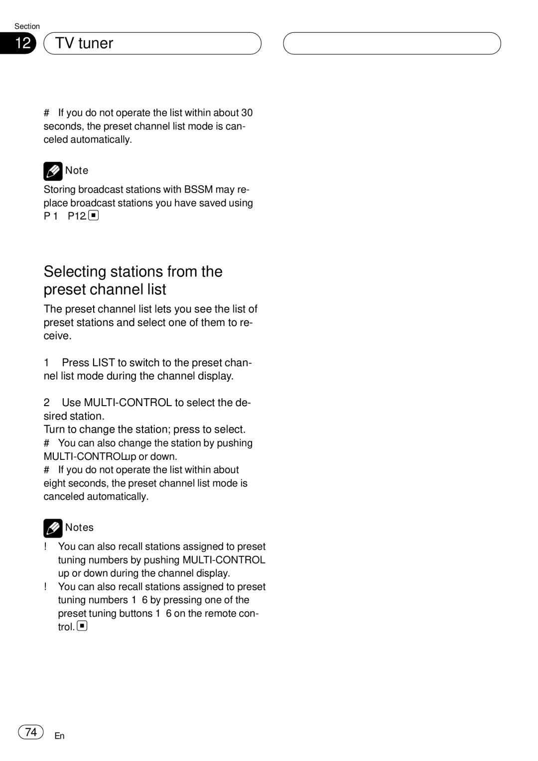 Pioneer DEH-P75BT operation manual TV tuner, Selecting stations from the preset channel list 