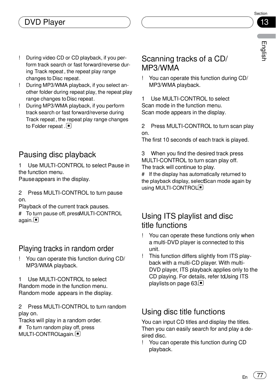 Pioneer DEH-P75BT operation manual DVD Player, Pausing disc playback, Using ITS playlist and disc title functions 