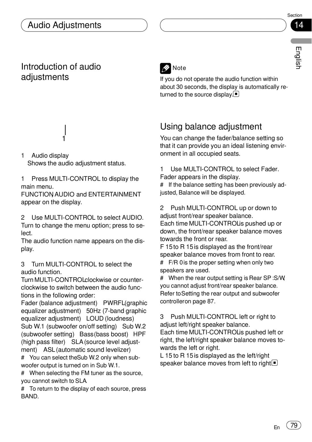 Pioneer DEH-P75BT operation manual Audio Adjustments Introduction of audio adjustments, Using balance adjustment 