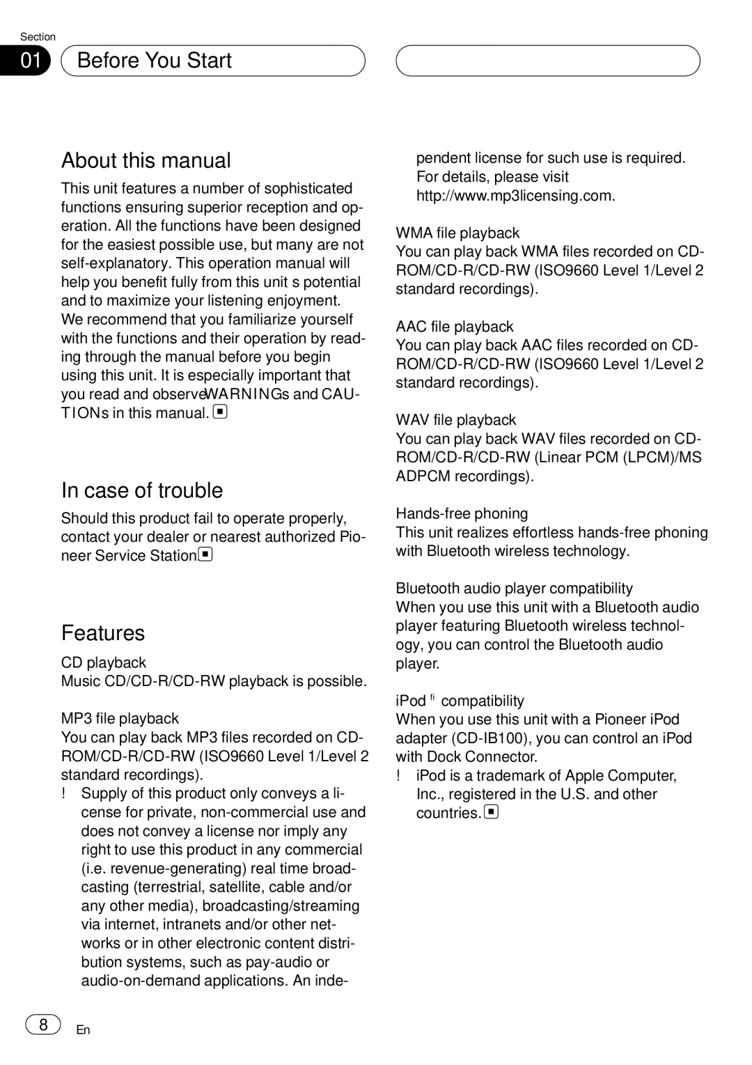 Pioneer DEH-P75BT operation manual Before You Start About this manual Case of trouble, Features 