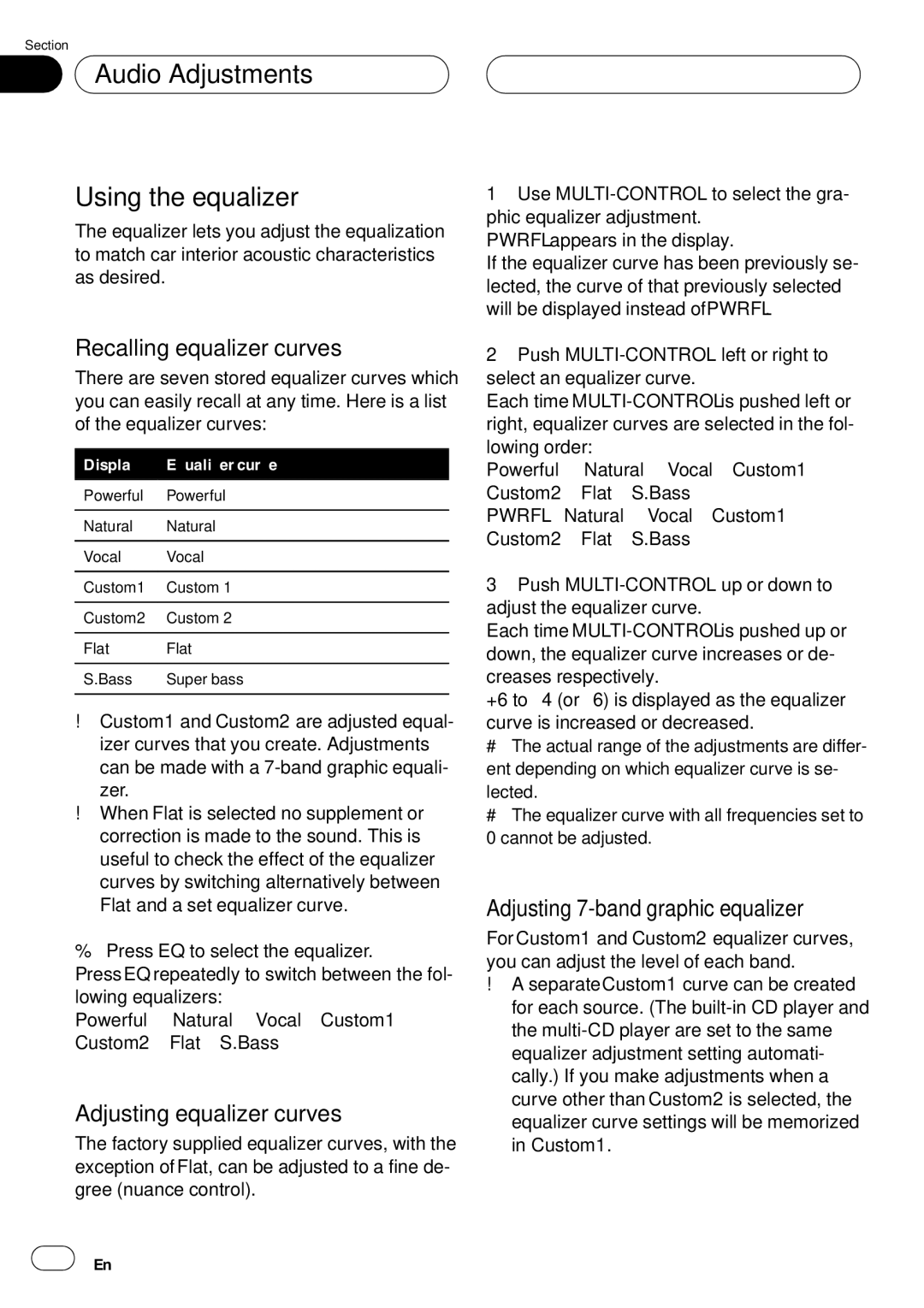 Pioneer DEH-P75BT Audio Adjustments Using the equalizer, Recalling equalizer curves, Adjusting equalizer curves 