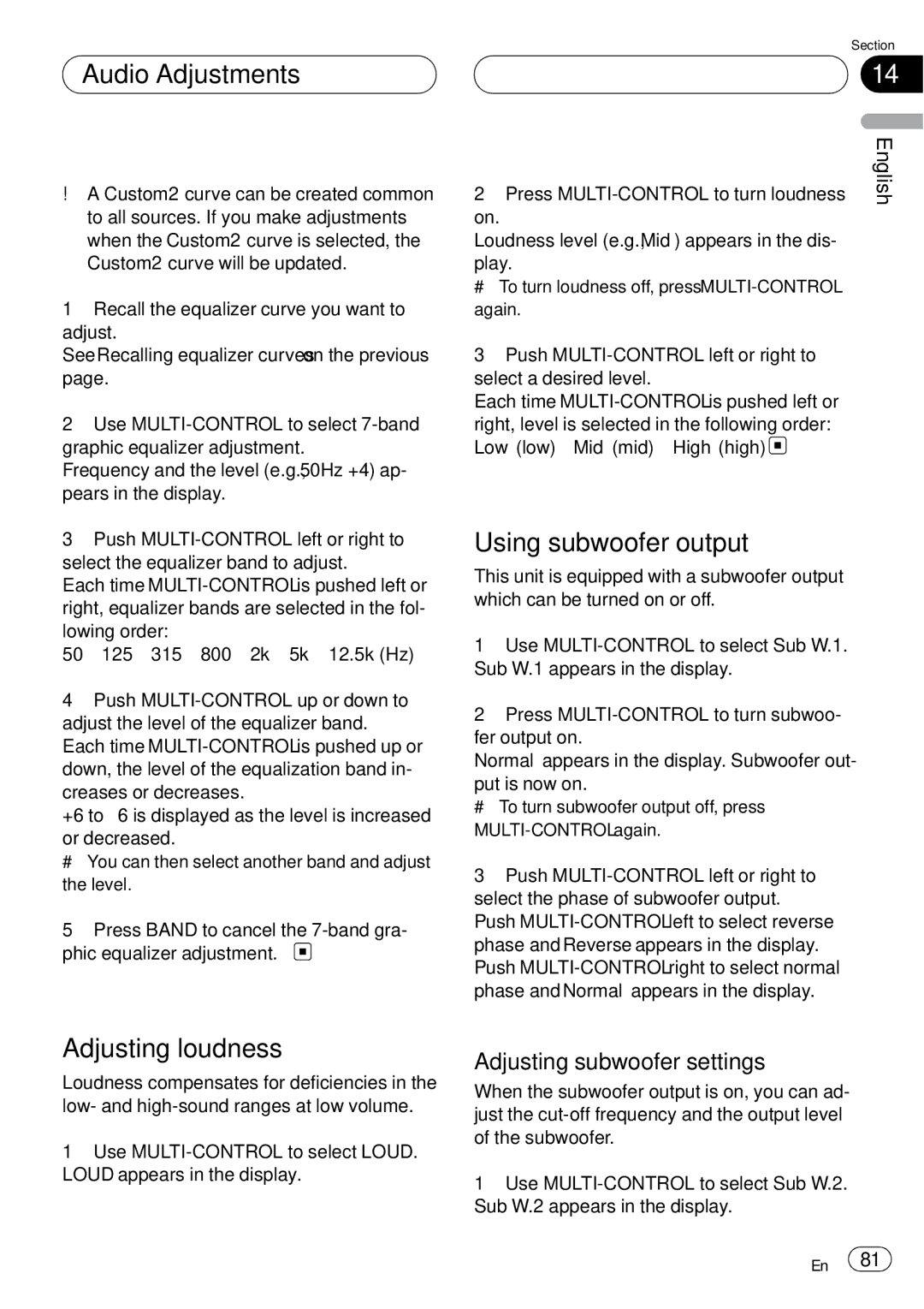 Pioneer DEH-P75BT Audio Adjustments, Using subwoofer output, Adjusting loudness, Adjusting subwoofer settings 