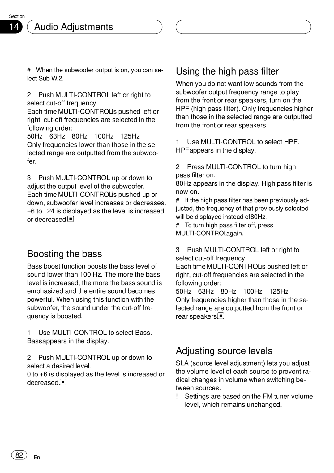 Pioneer DEH-P75BT operation manual Boosting the bass, Using the high pass filter, Adjusting source levels 