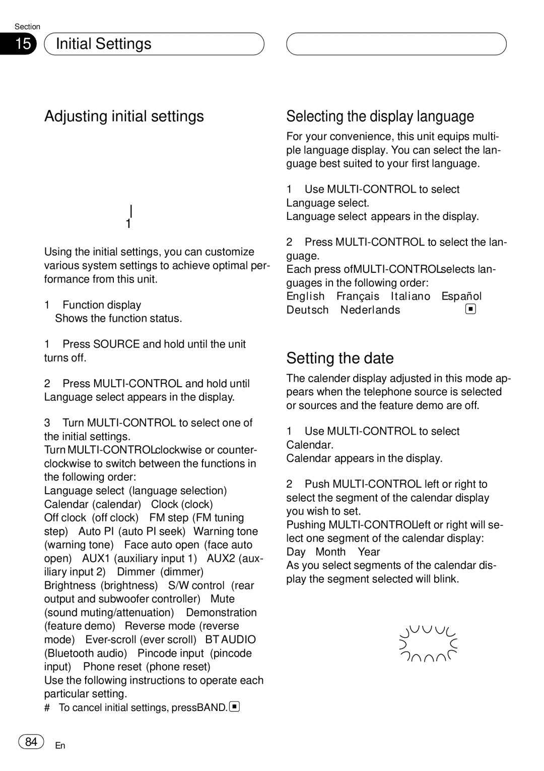 Pioneer DEH-P75BT Initial Settings Adjusting initial settings, Selecting the display language, Setting the date 