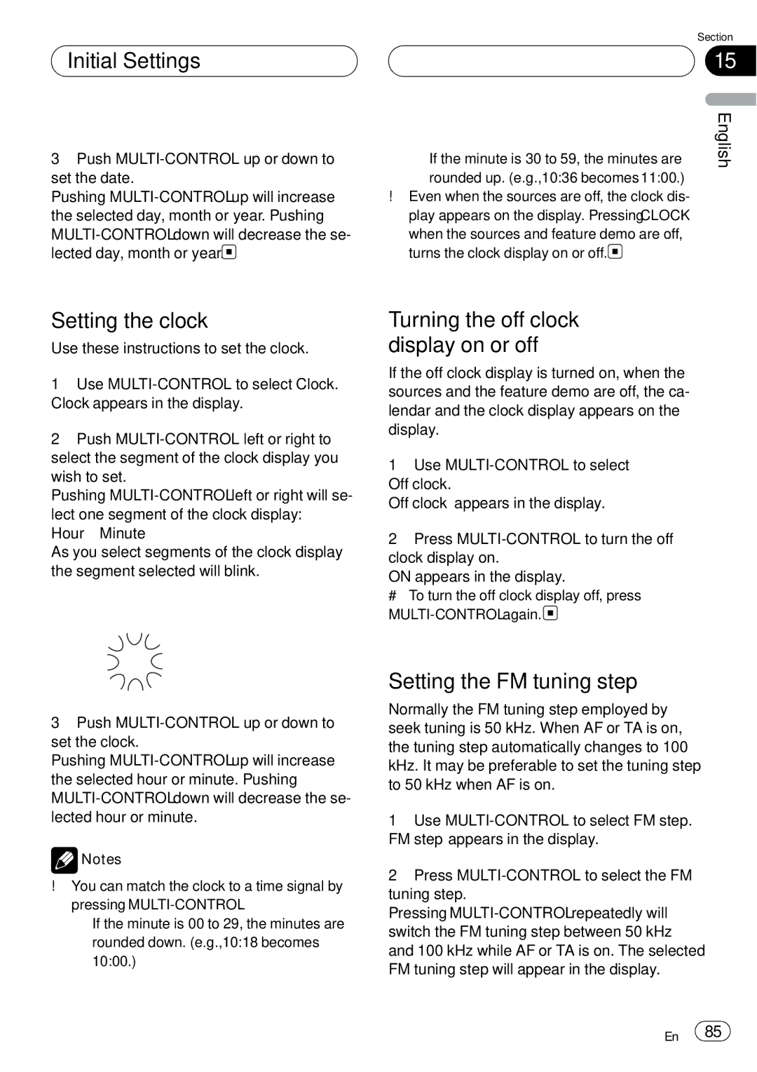 Pioneer DEH-P75BT Initial Settings, Setting the clock, Turning the off clock display on or off, Setting the FM tuning step 