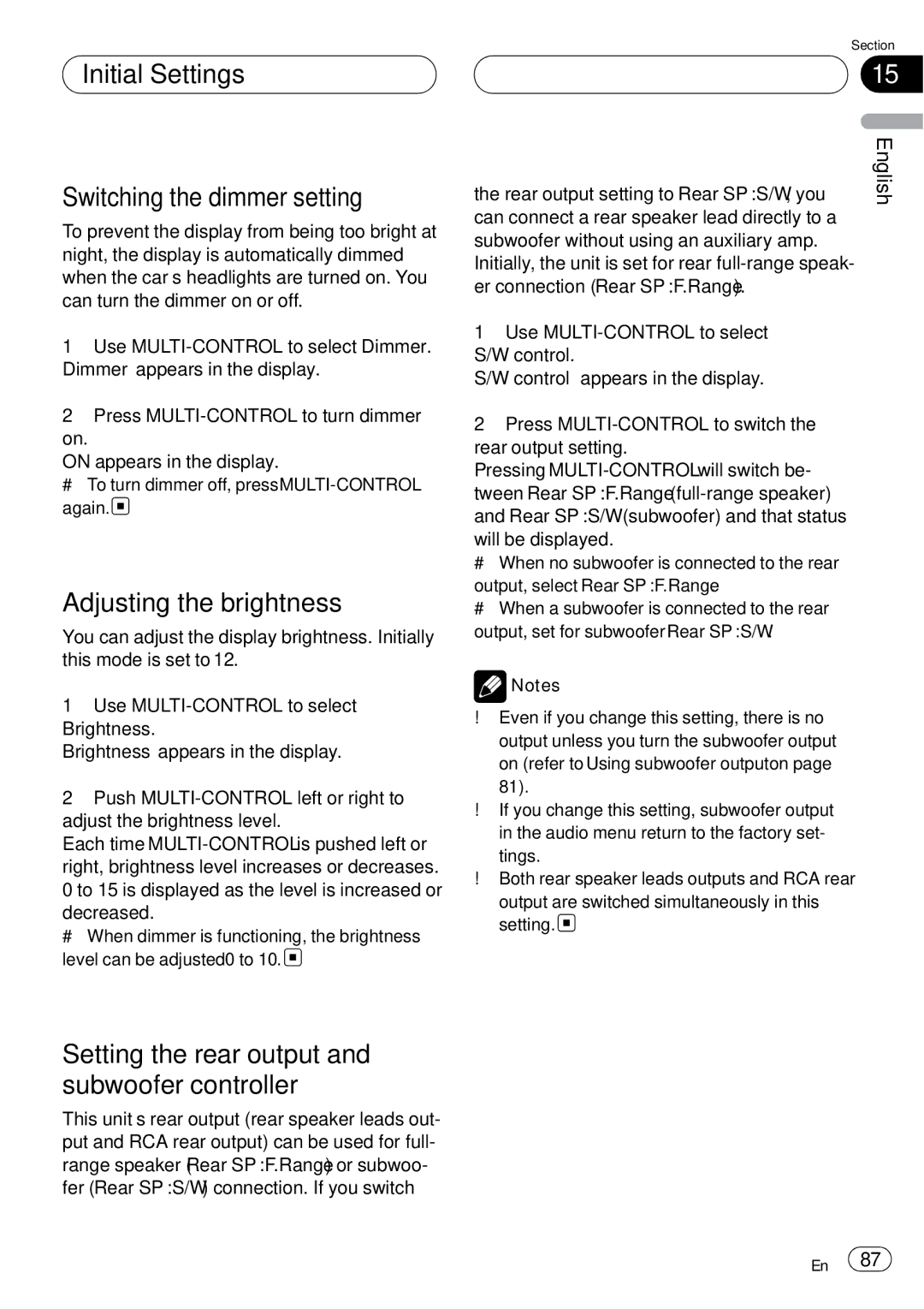 Pioneer DEH-P75BT operation manual Initial Settings Switching the dimmer setting, Adjusting the brightness 