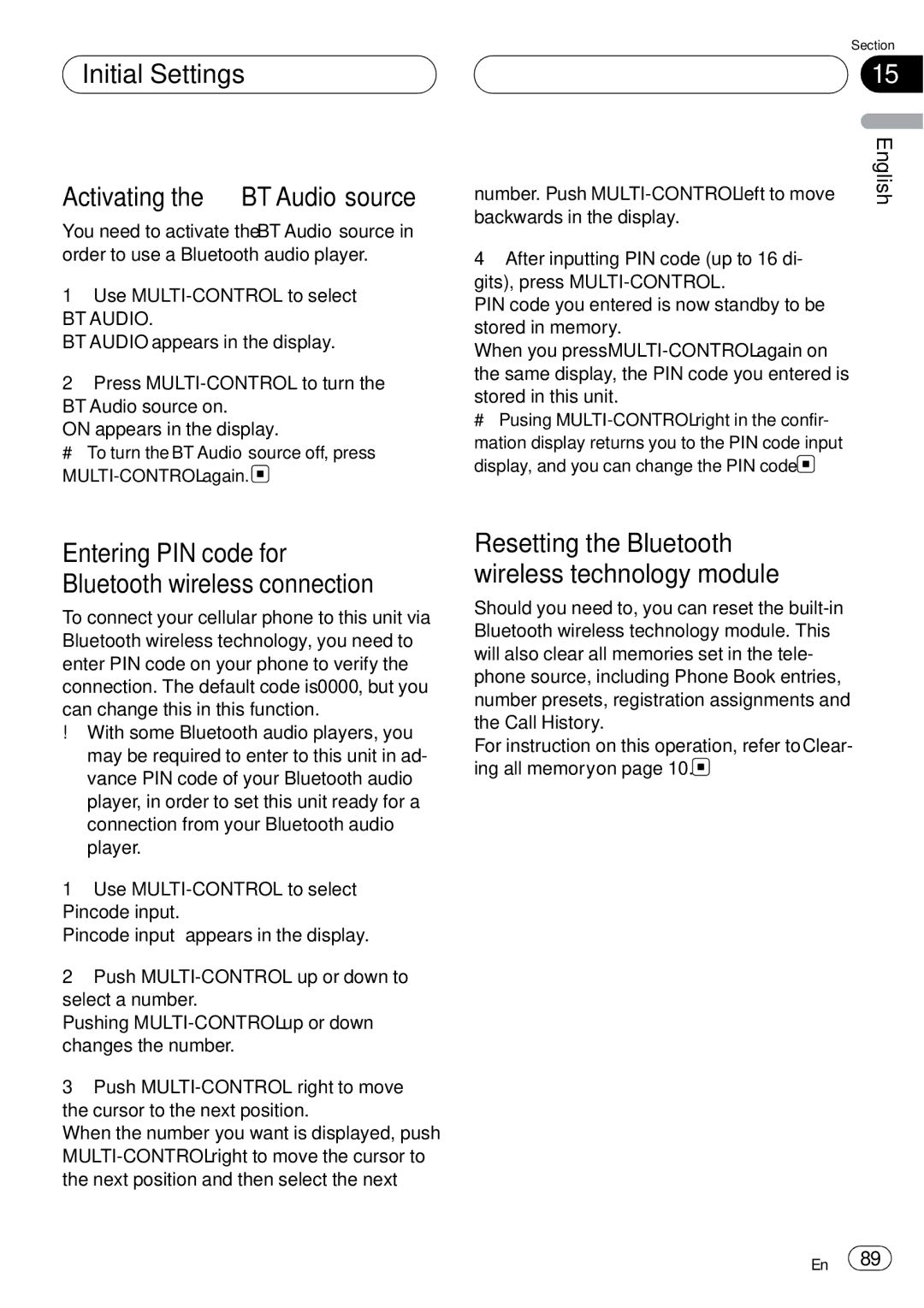 Pioneer DEH-P75BT Initial Settings Activating the BT Audio source, Entering PIN code for Bluetooth wireless connection 