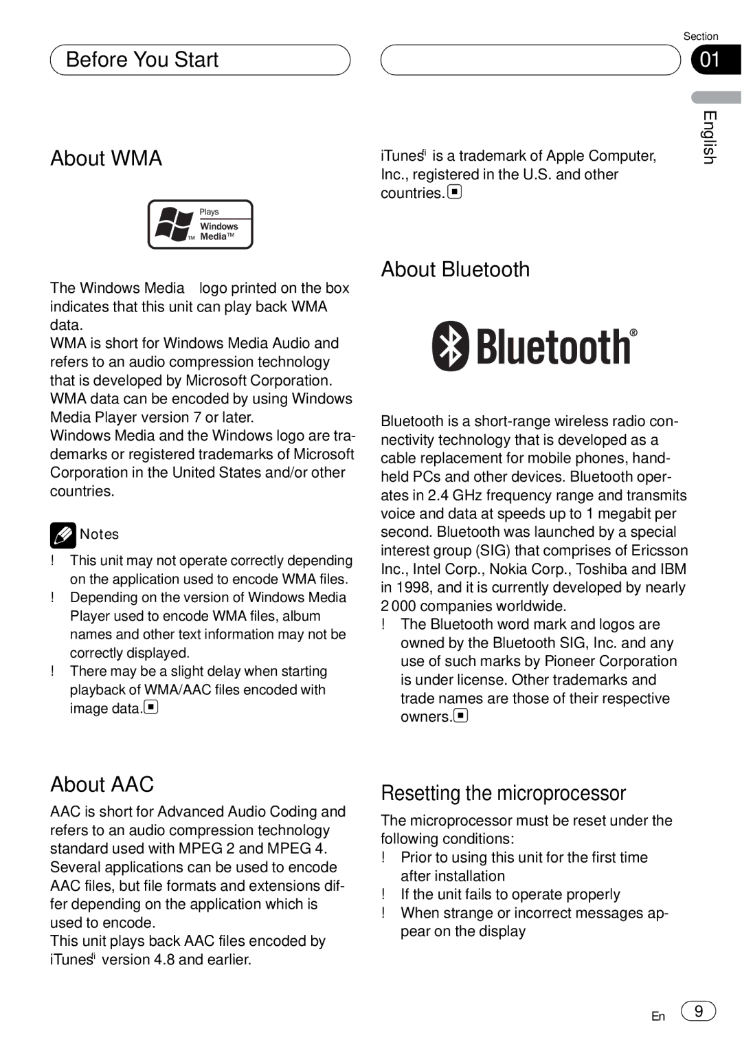 Pioneer DEH-P75BT operation manual Before You Start About WMA, About Bluetooth, About AAC, Resetting the microprocessor 