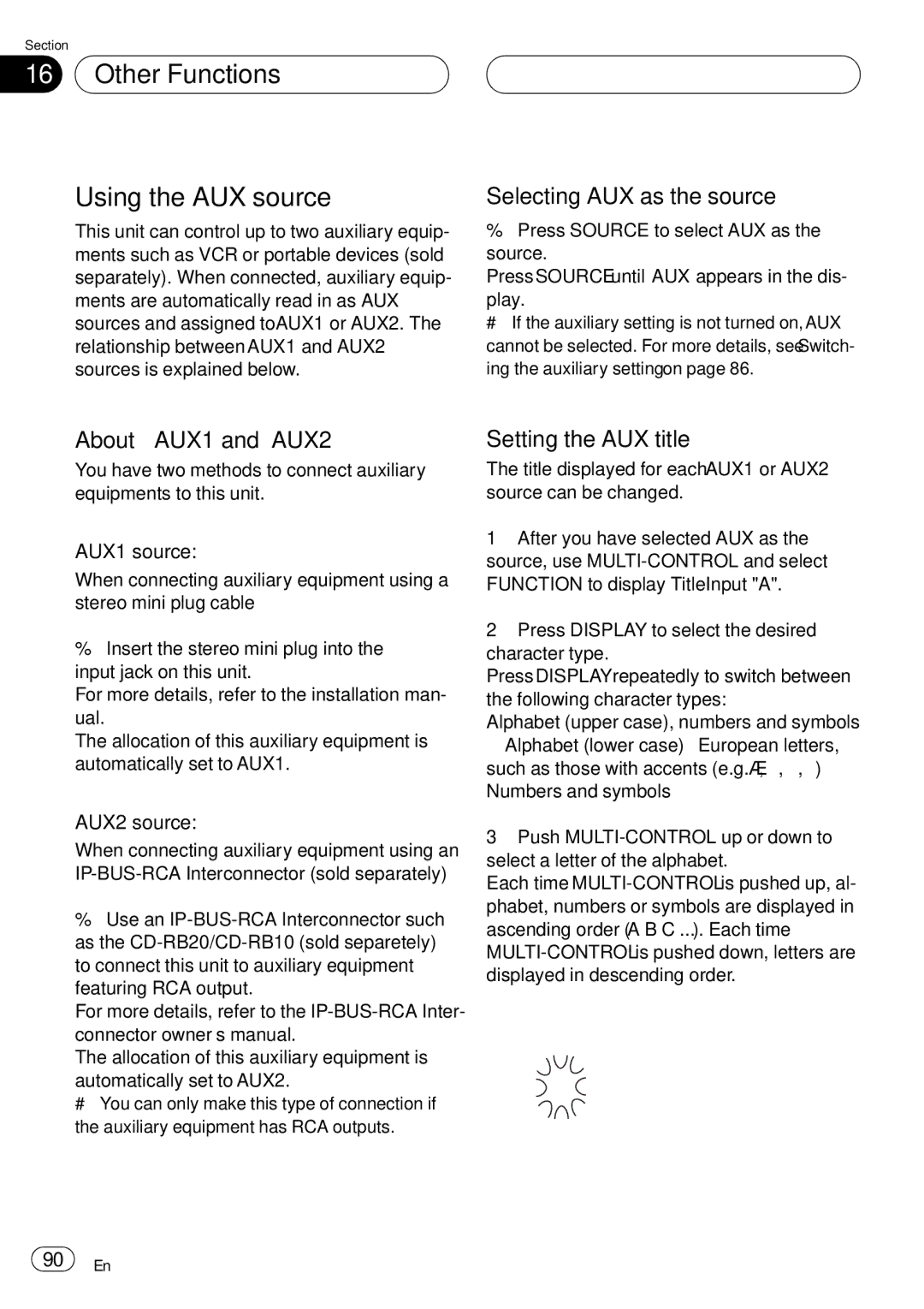 Pioneer DEH-P75BT operation manual Other Functions Using the AUX source, Selecting AUX as the source, About AUX1 and AUX2 