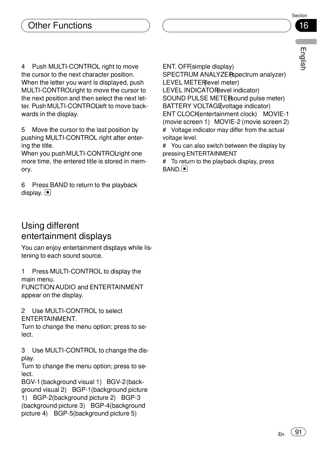 Pioneer DEH-P75BT operation manual Other Functions, Using different entertainment displays, Entertainment 