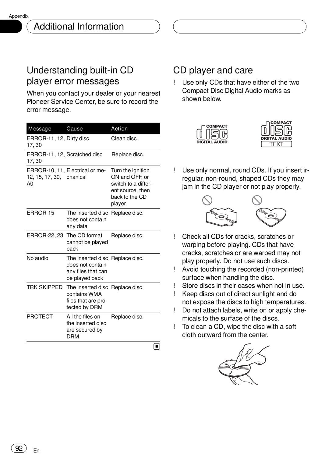 Pioneer DEH-P75BT operation manual CD player and care, Message Cause Action 