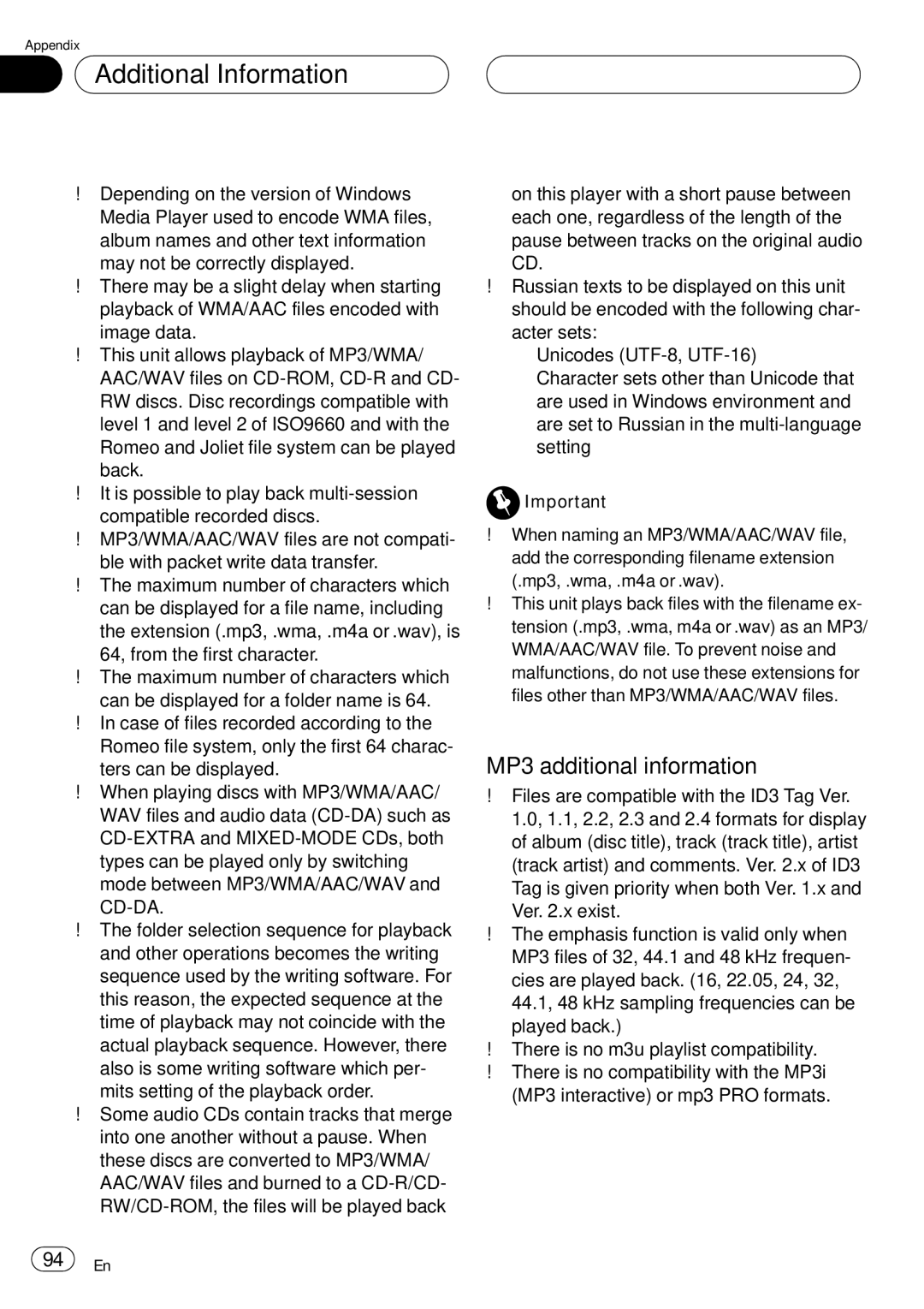 Pioneer DEH-P75BT operation manual MP3 additional information 