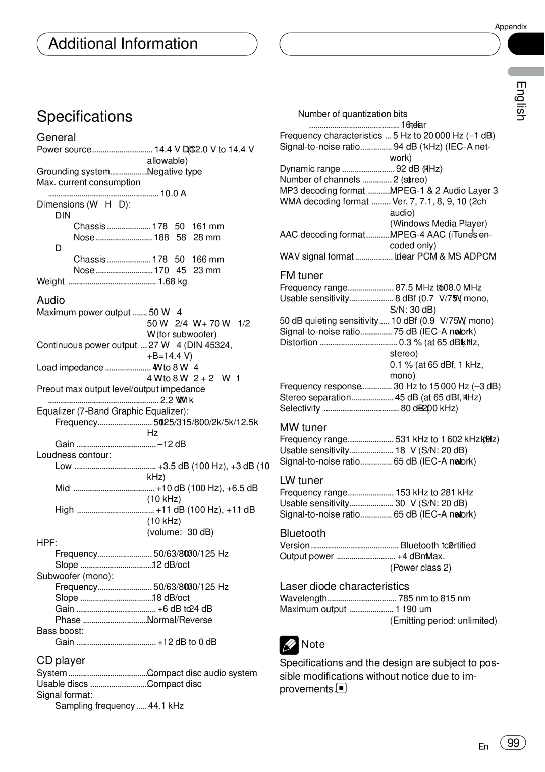 Pioneer DEH-P75BT operation manual Additional Information Specifications, General 