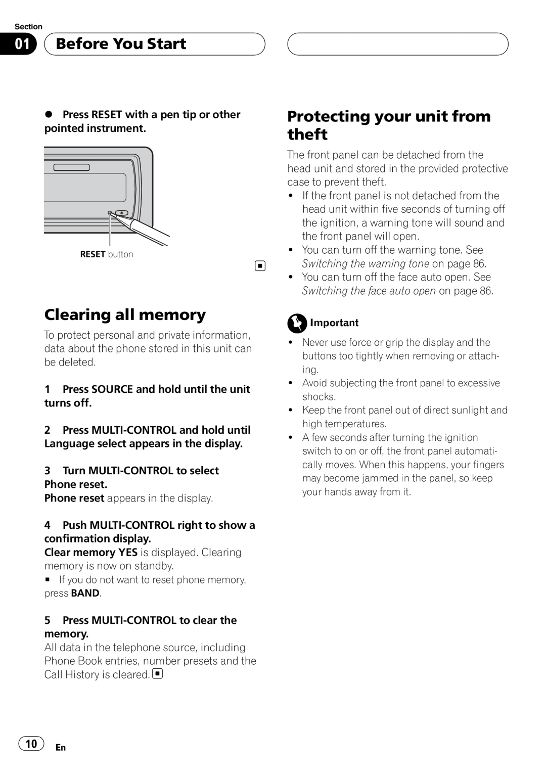 Pioneer DEH-P75BT operation manual Before You Start, Clearing all memory, Protecting your unit from theft 