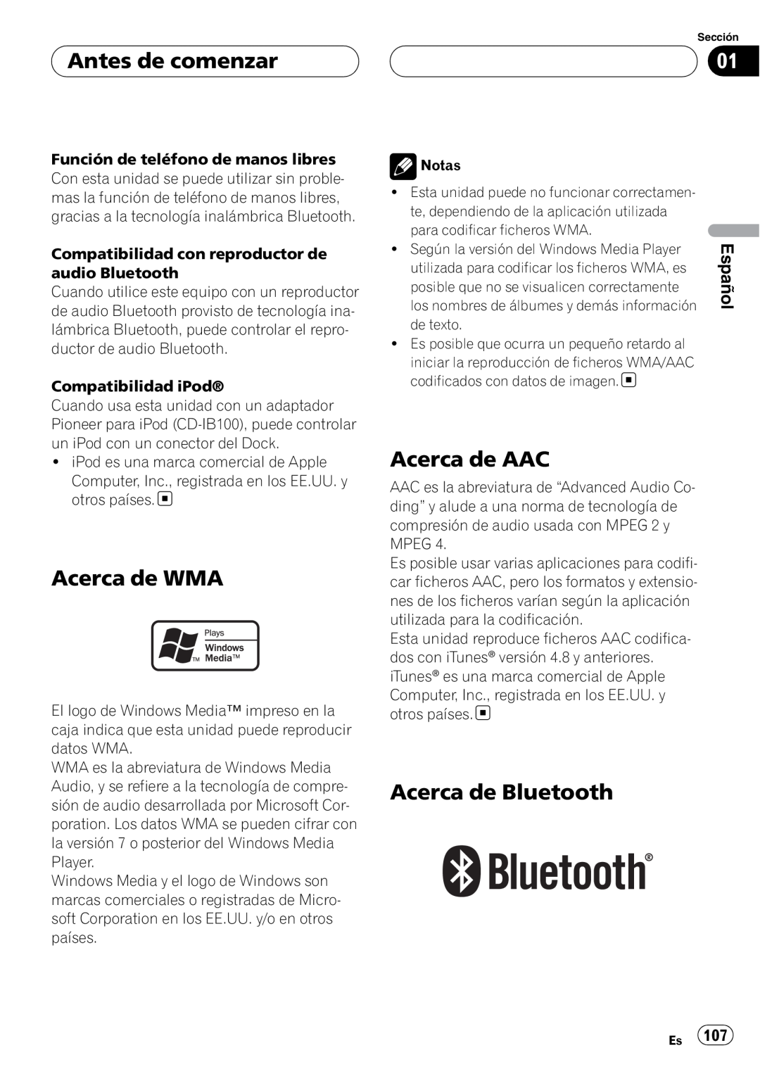 Pioneer DEH-P75BT operation manual Acerca de WMA, Acerca de AAC, Acerca de Bluetooth, Antes de comenzar 