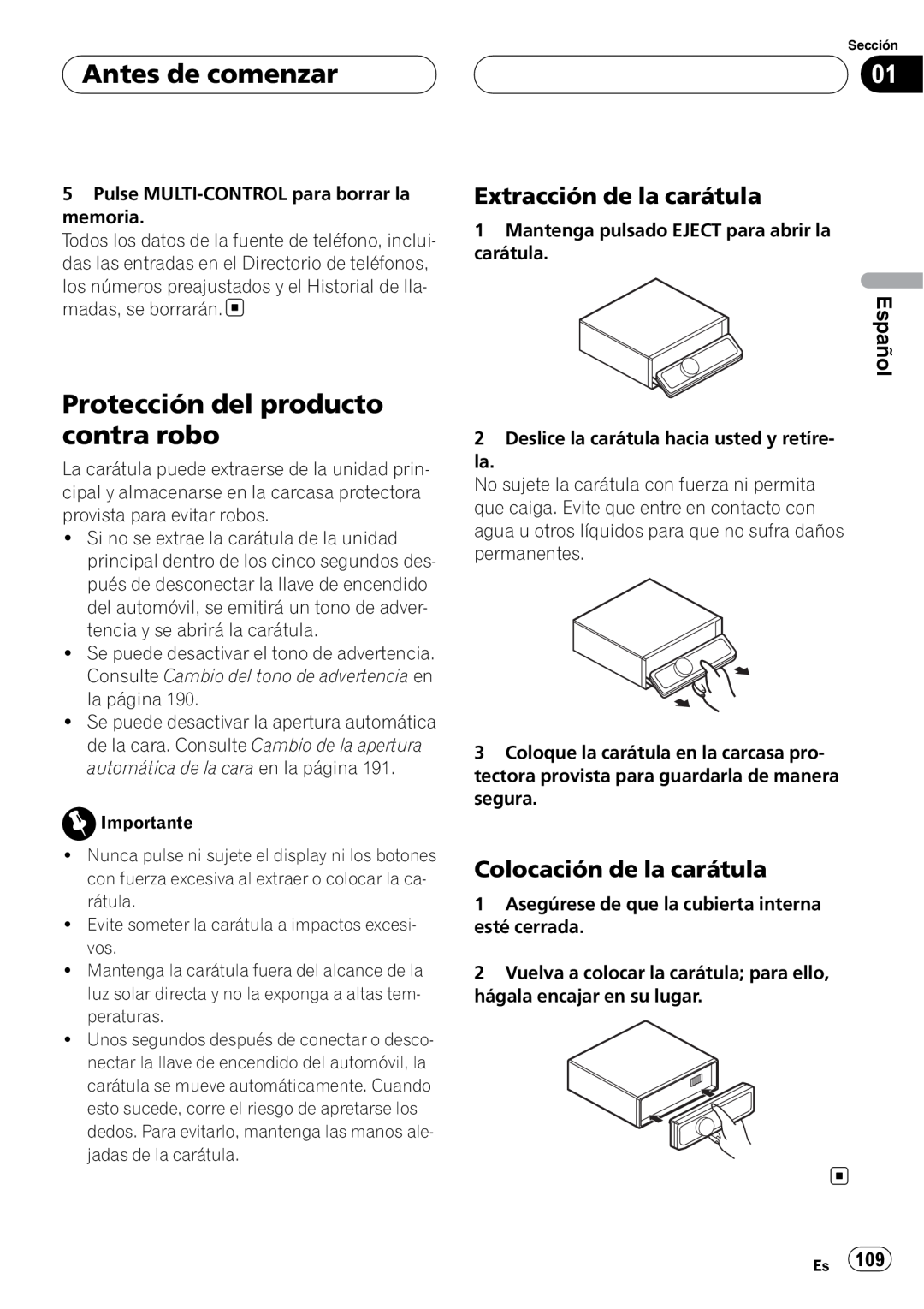 Pioneer DEH-P75BT Protección del producto contra robo, Extracción de la carátula, Colocación de la carátula, Español 