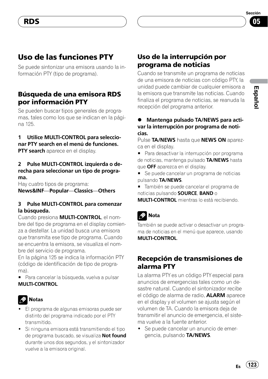 Pioneer DEH-P75BT operation manual RDS Uso de las funciones PTY, Búsqueda de una emisora RDS por información PTY, Español 