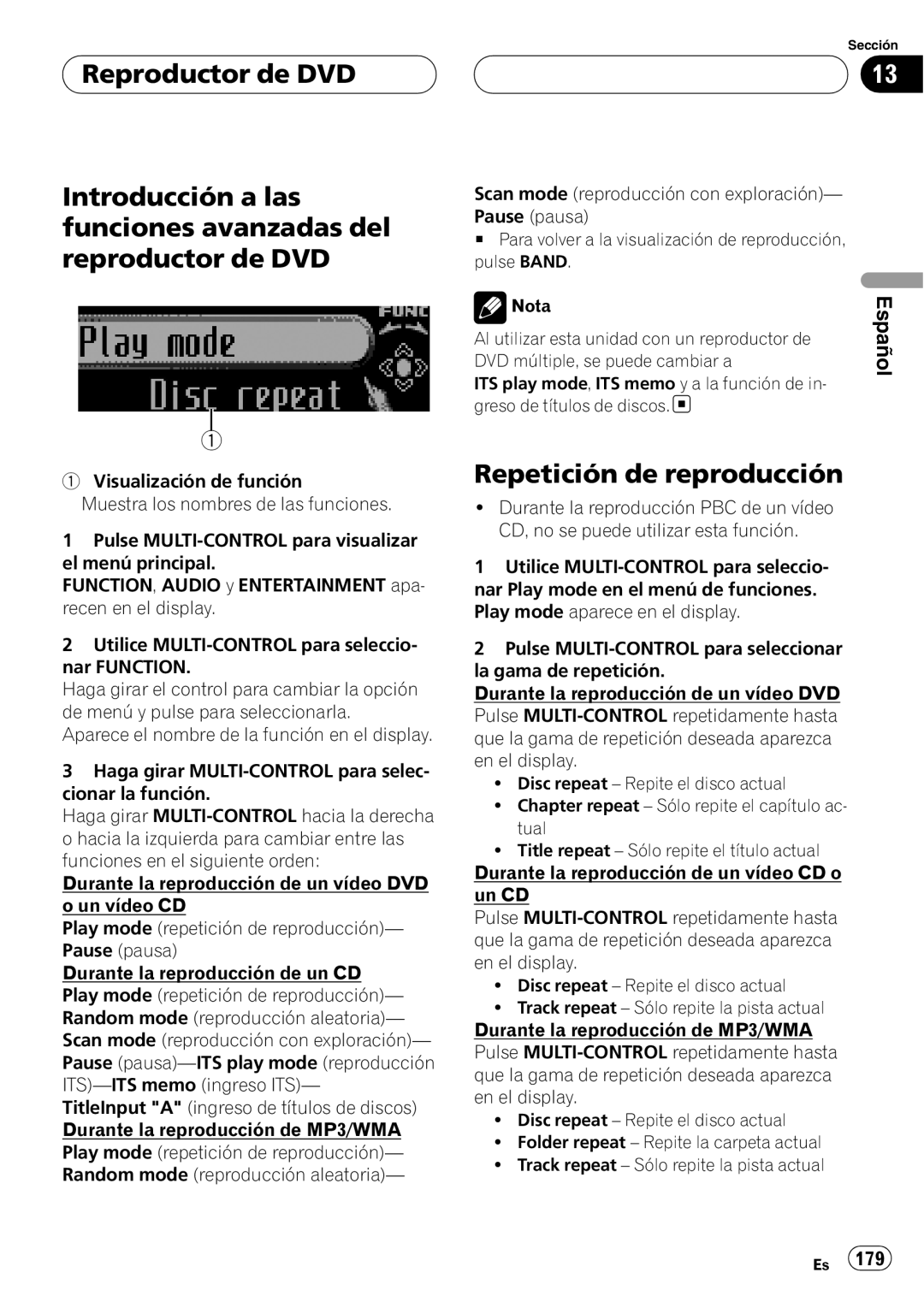 Pioneer DEH-P75BT operation manual Reproductor de DVD, Repetición de reproducción, Español 