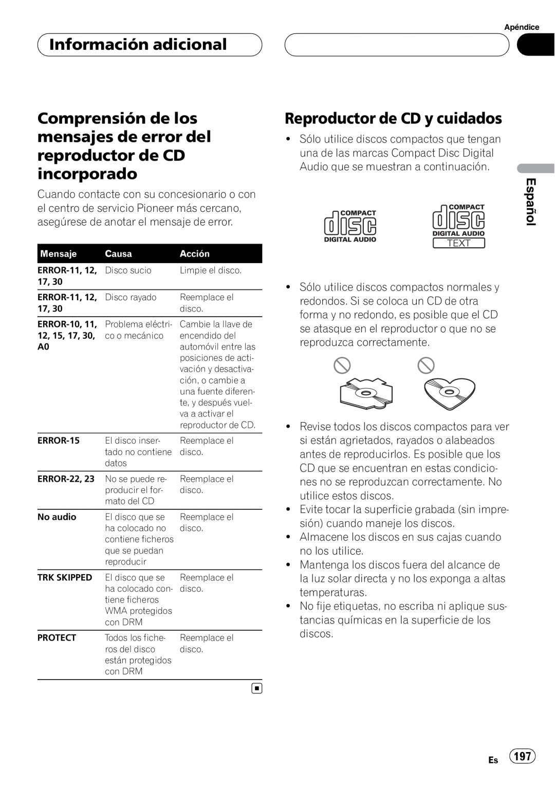 Pioneer DEH-P75BT operation manual Información adicional, Reproductor de CD y cuidados, Español 