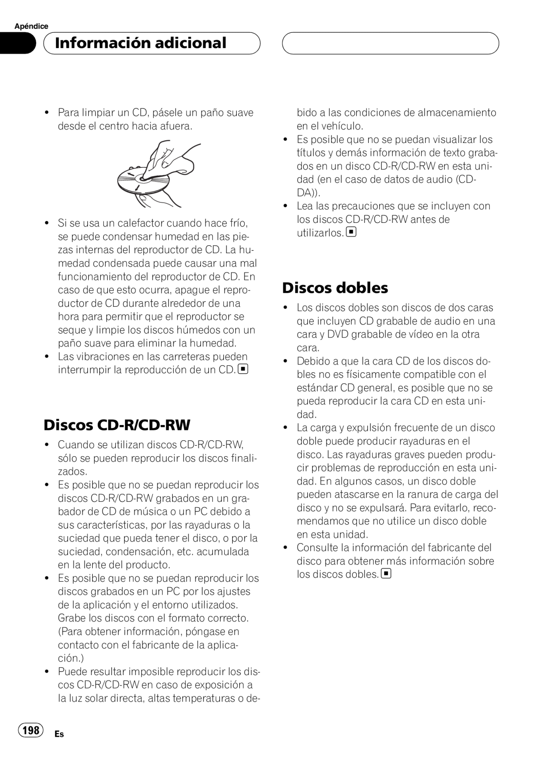 Pioneer DEH-P75BT operation manual Discos CD-R/CD-RW, Discos dobles, 198 Es, Información adicional 