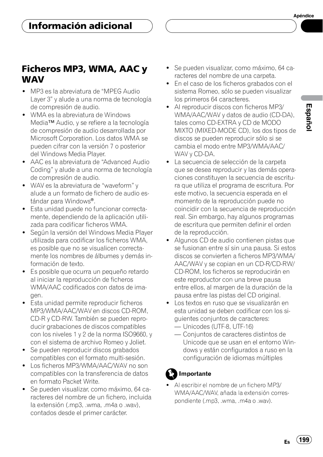 Pioneer DEH-P75BT operation manual Ficheros MP3, WMA, AAC y WAV, Información adicional, Español 