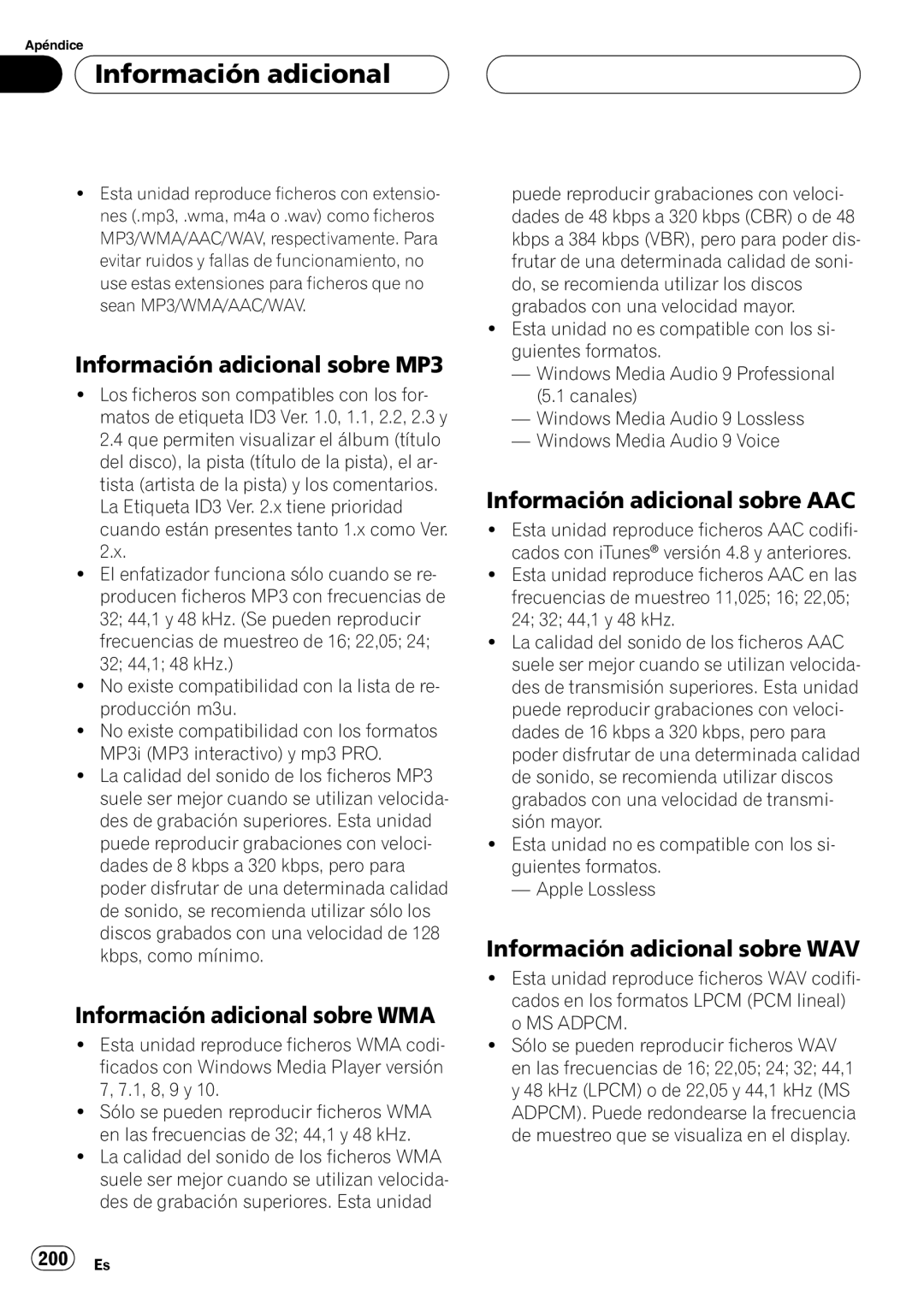 Pioneer DEH-P75BT Información adicional sobre MP3, Información adicional sobre WMA, Información adicional sobre AAC 