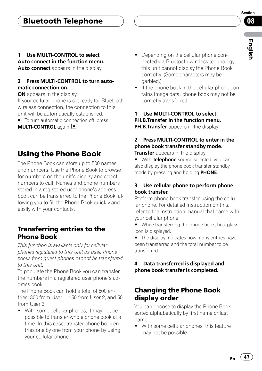 Pioneer DEH-P75BT Using the Phone Book, Transferring entries to the Phone Book, Changing the Phone Book display order 