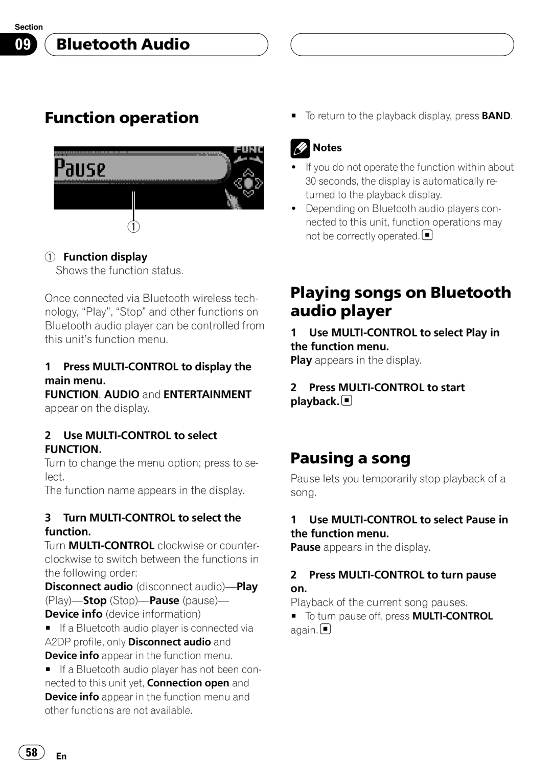 Pioneer DEH-P75BT Bluetooth Audio Function operation, Playing songs on Bluetooth audio player, Pausing a song 