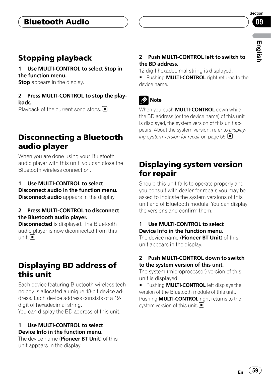 Pioneer DEH-P75BT operation manual Bluetooth Audio Stopping playback, Disconnecting a Bluetooth audio player 