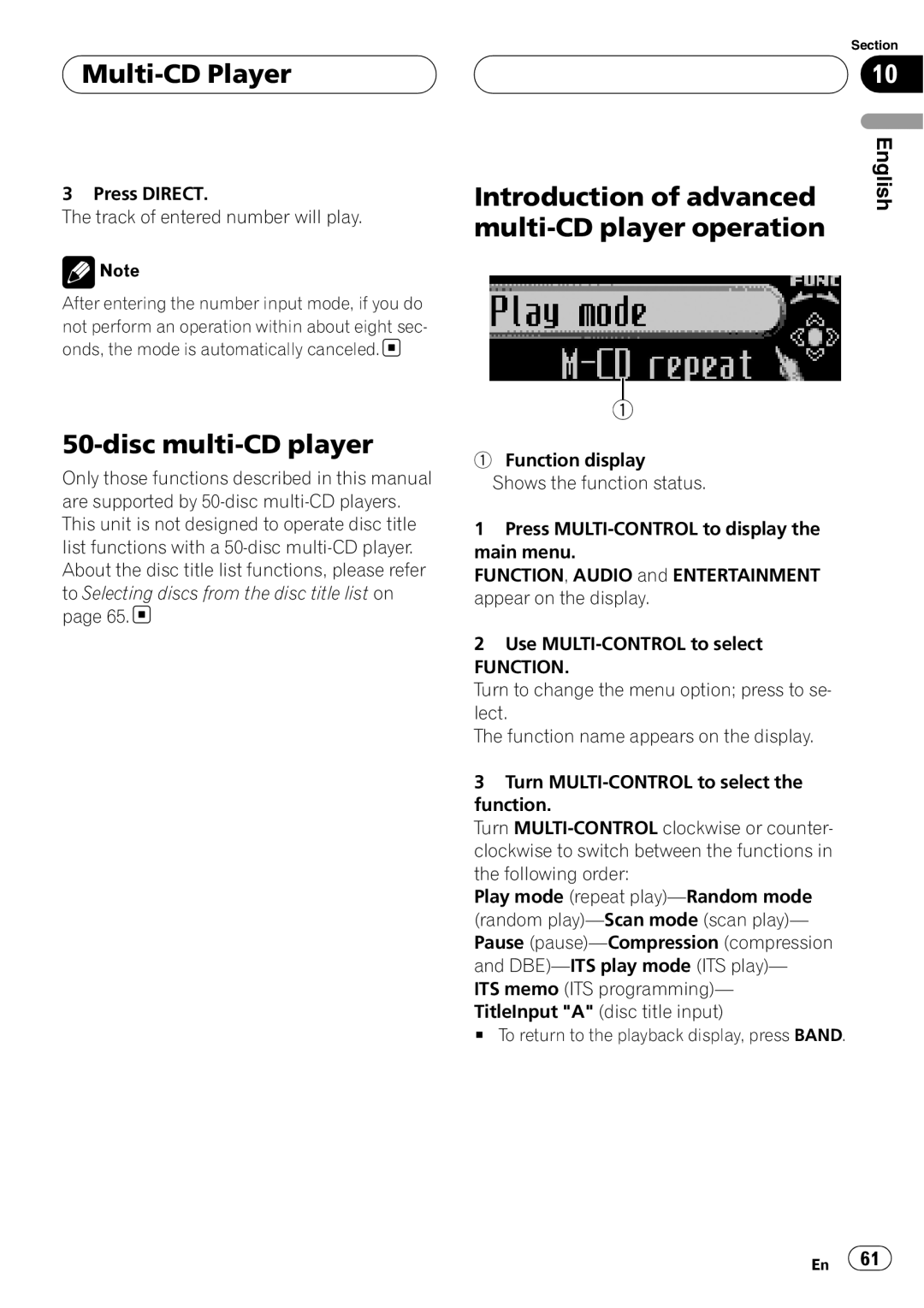 Pioneer DEH-P75BT Multi-CDPlayer, disc multi-CDplayer, Introduction of advanced, multi-CDplayer operation, English 