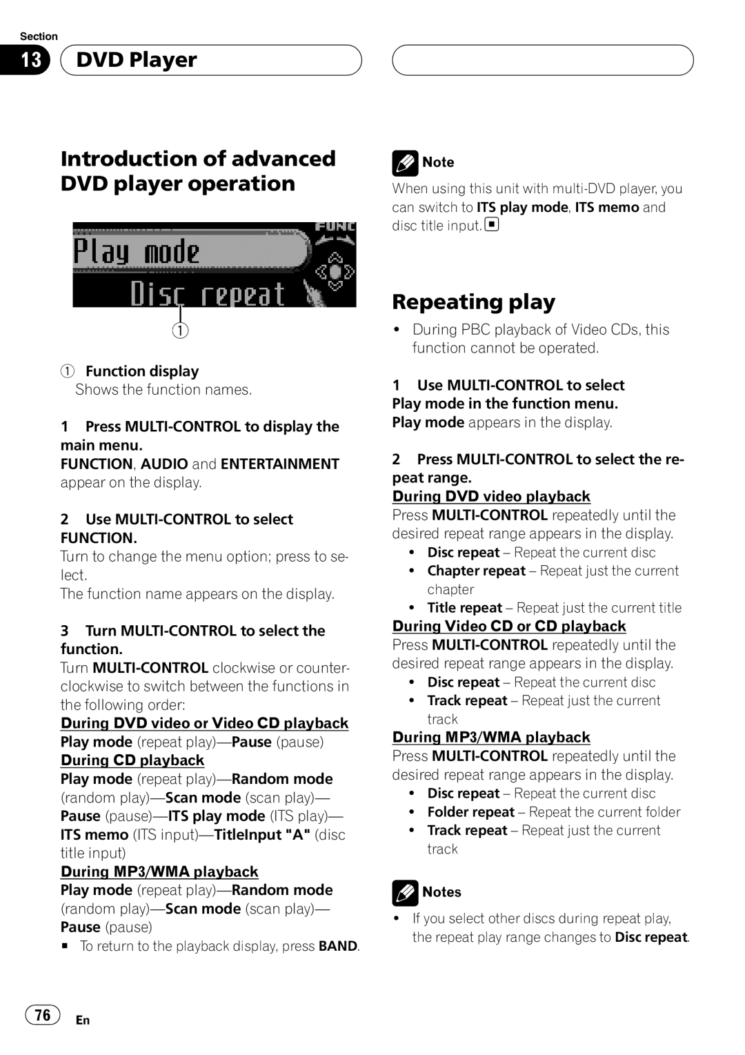 Pioneer DEH-P75BT operation manual DVD Player, Introduction of advanced DVD player operation, Repeating play 