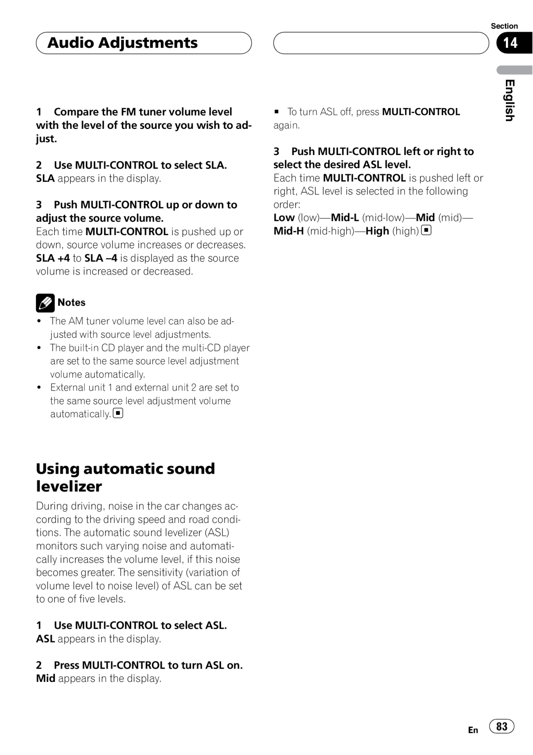 Pioneer DEH-P75BT operation manual Using automatic sound levelizer, Audio Adjustments, English 