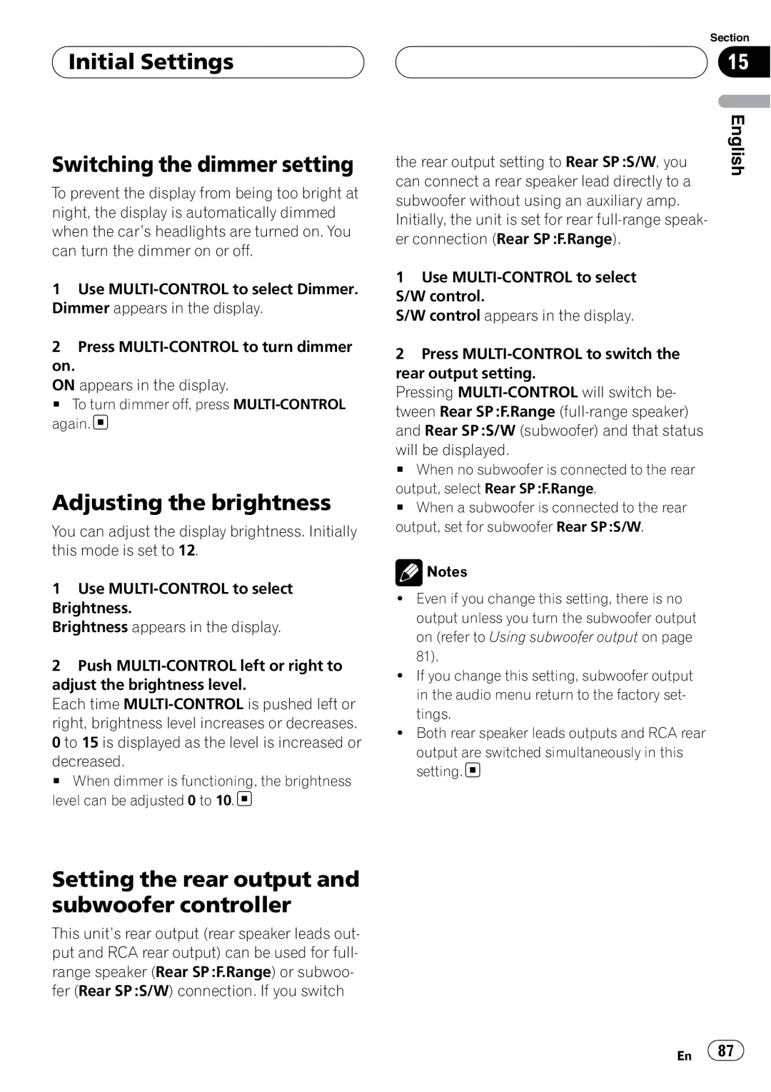 Pioneer DEH-P75BT operation manual Initial Settings Switching the dimmer setting, Adjusting the brightness 