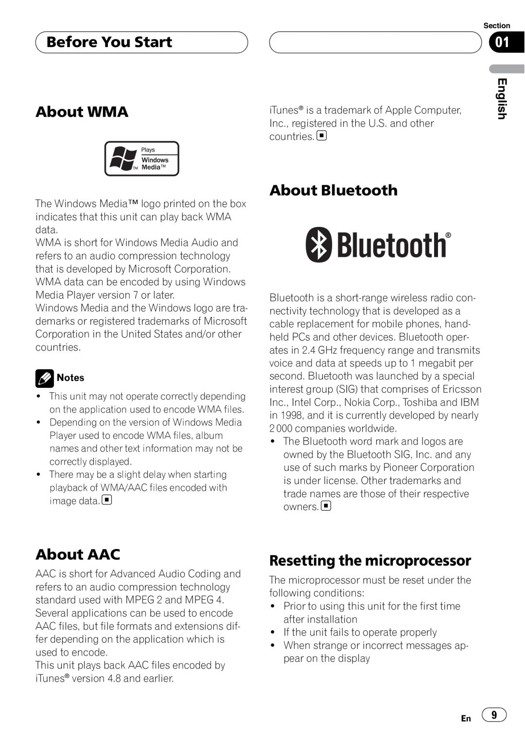 Pioneer DEH-P75BT operation manual Before You Start About WMA, About Bluetooth, About AAC, Resetting the microprocessor 