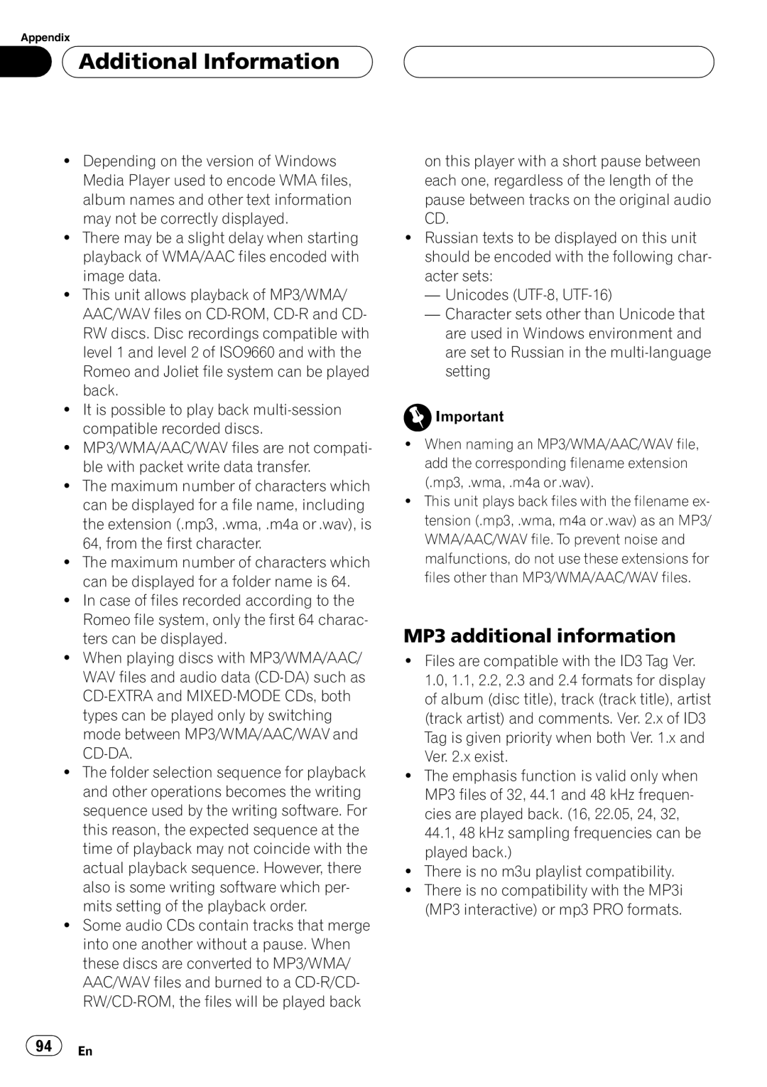 Pioneer DEH-P75BT operation manual MP3 additional information, Additional Information 