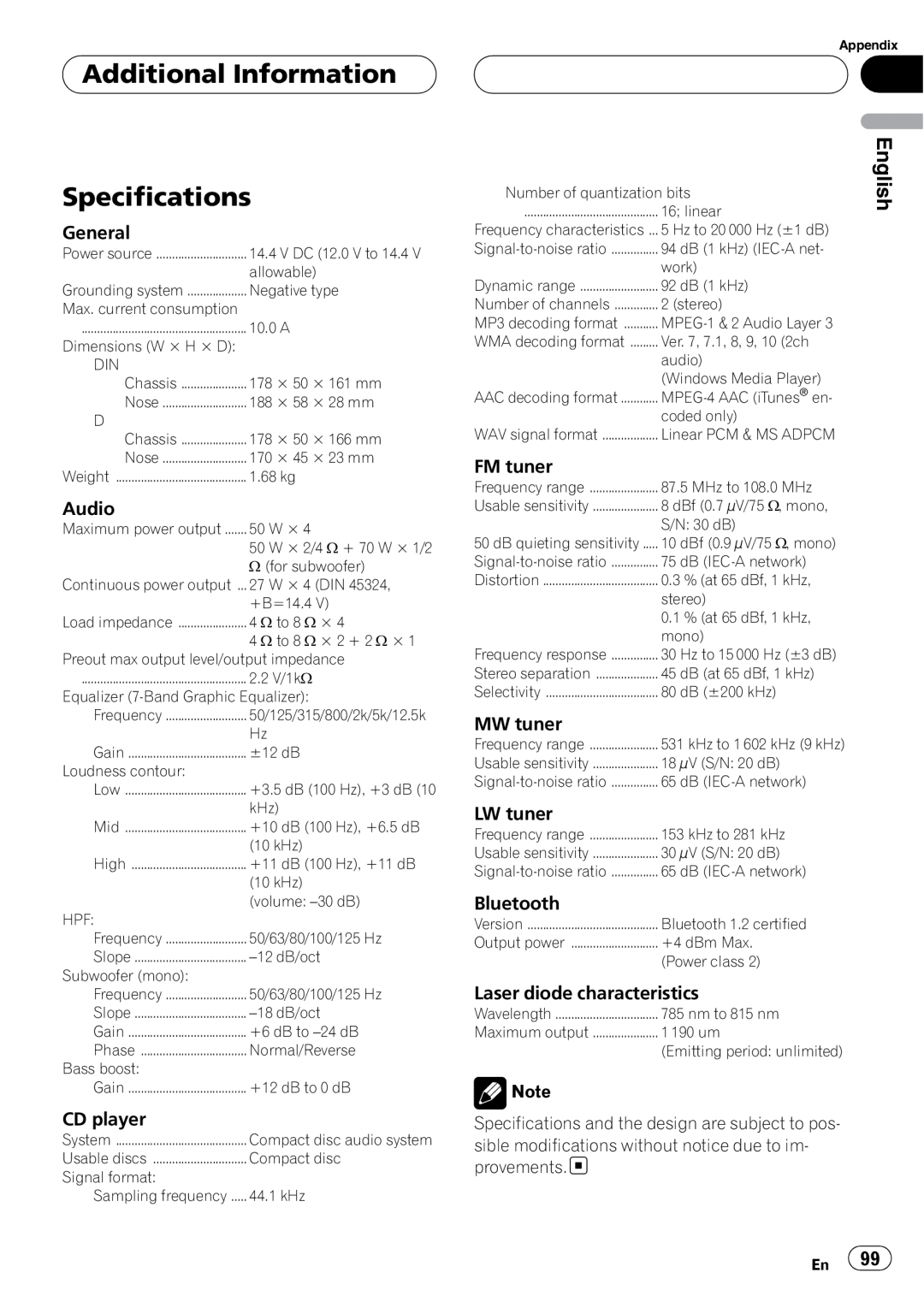Pioneer DEH-P75BT operation manual Additional Information Specifications 