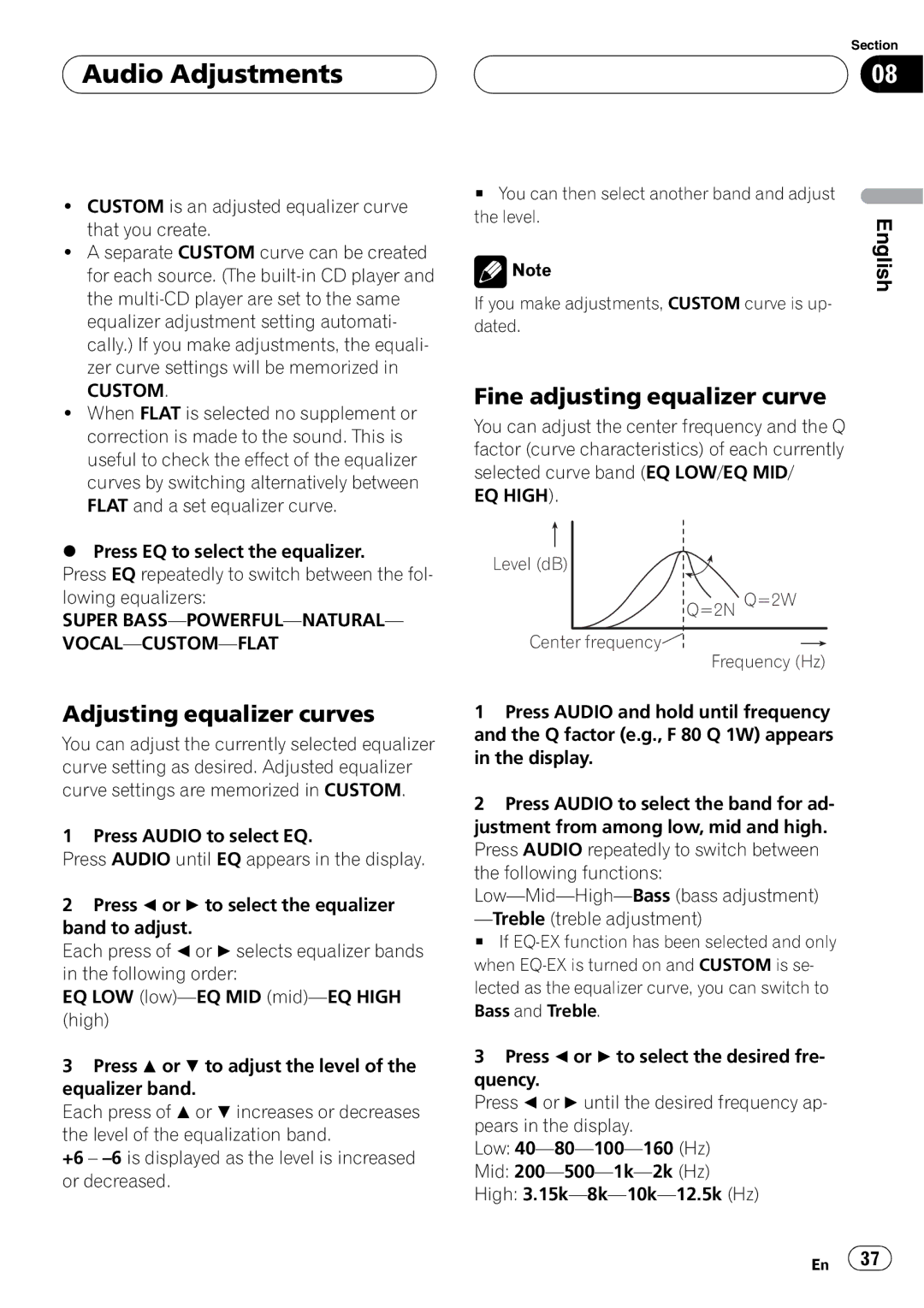 Pioneer DEH-P7600MP operation manual Level dB =2N Q=2W Center frequency Frequency Hz 